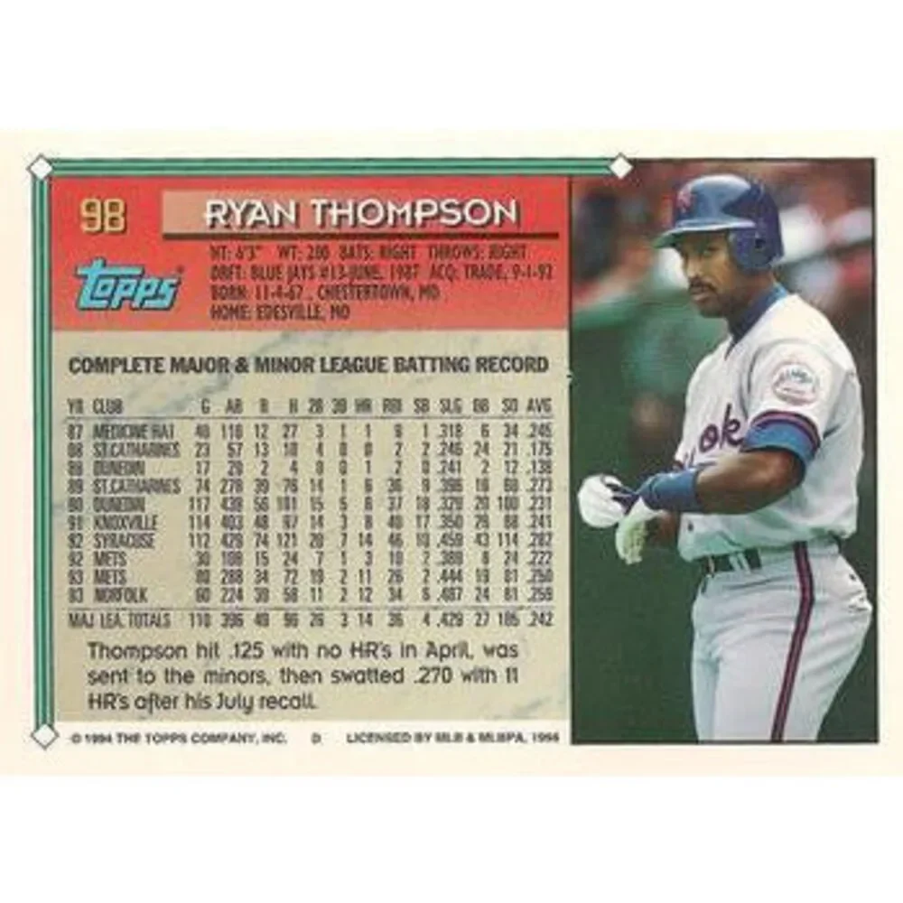 1994 Topps Ryan Thompson # 98 New York Mets